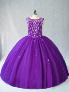 Purple Scoop Lace Up Beading and Appliques Sweet 16 Dress Sleeveless