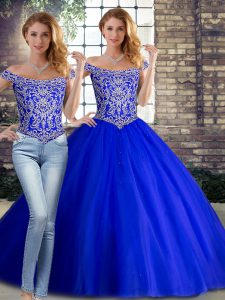 Stunning Royal Blue Quinceanera Gowns Off The Shoulder Sleeveless Brush Train Lace Up