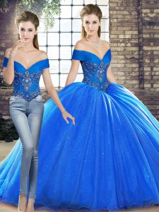Enchanting Royal Blue Two Pieces Off The Shoulder Sleeveless Organza Brush Train Lace Up Beading Quince Ball Gowns