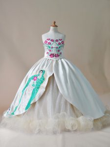 Sweetheart Sleeveless Little Girl Pageant Gowns Sweep Train Embroidery Champagne Satin