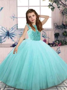 Beading Child Pageant Dress Aqua Blue Lace Up Sleeveless Floor Length
