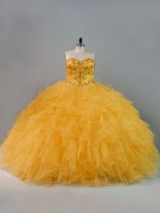Hot Sale Sweetheart Sleeveless Tulle Quinceanera Gowns Beading and Ruffles Lace Up