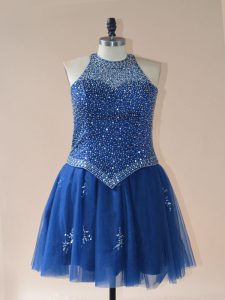 Royal Blue Lace Up Halter Top Beading Prom Party Dress Tulle Sleeveless