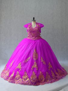Captivating Fuchsia Sleeveless Beading and Appliques Lace Up Ball Gown Prom Dress