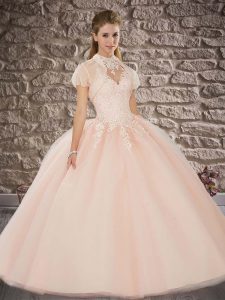 Baby Pink Vestidos de Quinceanera Tulle Sweep Train Sleeveless Beading and Appliques