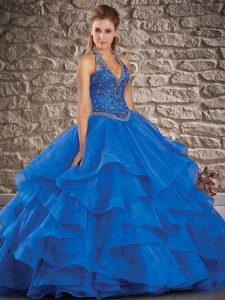 Designer Blue 15th Birthday Dress Tulle Brush Train Sleeveless Beading and Ruffles