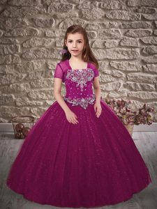 Straps Sleeveless Tulle Pageant Gowns For Girls Beading Sweep Train Lace Up