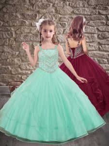 Apple Green Tulle Lace Up Child Pageant Dress Sleeveless Brush Train Beading
