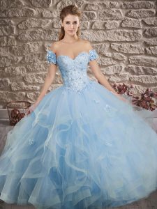 Delicate Blue Lace Up Sweetheart Lace and Ruffles Quinceanera Dress Tulle Sleeveless Brush Train
