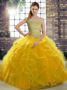 Ball Gowns Sleeveless Gold Ball Gown Prom Dress Brush Train Lace Up