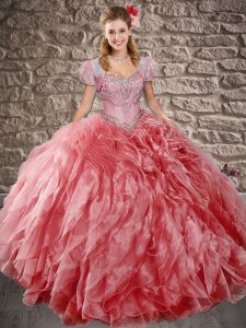 Extravagant Watermelon Red Sweet 16 Dresses Sweetheart Sleeveless Sweep Train Lace Up