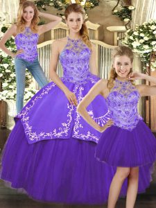 Smart Purple Halter Top Lace Up Beading and Embroidery 15 Quinceanera Dress Sleeveless