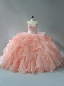 Exceptional Sweetheart Sleeveless Brush Train Lace Up 15th Birthday Dress Peach Organza