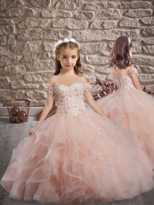 Pink Tulle Lace Up Little Girls Pageant Dress Sleeveless Sweep Train Appliques and Ruffles