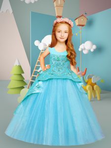 Sleeveless Brush Train Beading and Embroidery Lace Up Kids Formal Wear