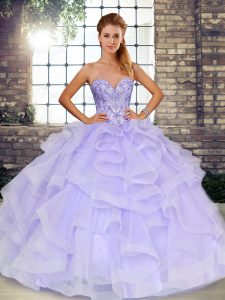 Tulle Sweetheart Sleeveless Lace Up Beading and Ruffles Ball Gown Prom Dress in Lavender