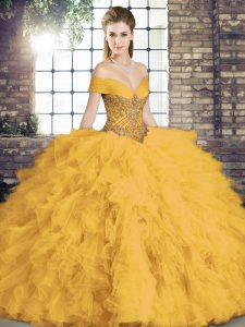 Off The Shoulder Sleeveless Tulle Sweet 16 Dress Beading and Ruffles Lace Up