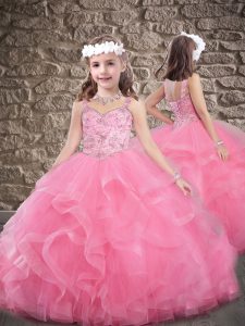 Sleeveless Sweep Train Beading and Ruffles Lace Up Little Girls Pageant Gowns