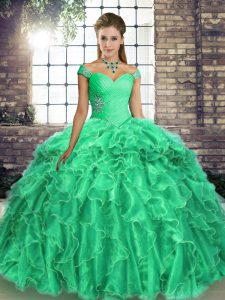 Turquoise Sleeveless Organza Brush Train Lace Up Quinceanera Dresses for Military Ball and Sweet 16 and Quinceanera
