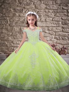 Excellent Sleeveless Sweep Train Beading and Appliques Lace Up Little Girls Pageant Dress