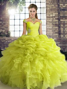 Off The Shoulder Sleeveless Sweet 16 Dresses Floor Length Beading and Ruffles and Pick Ups Yellow Green Organza