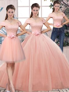 Floor Length Pink Sweet 16 Quinceanera Dress Tulle Short Sleeves Lace and Hand Made Flower