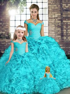 Aqua Blue Organza Lace Up Off The Shoulder Sleeveless Floor Length Sweet 16 Dresses Beading and Ruffles