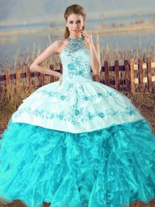 Stylish Aqua Blue Halter Top Lace Up Embroidery and Ruffles Quinceanera Gowns Court Train Sleeveless