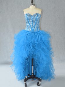 Aqua Blue Sleeveless Beading and Ruffles High Low Dress for Prom