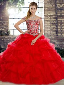 Lace Up 15 Quinceanera Dress Red for Military Ball and Sweet 16 and Quinceanera with Beading and Pick Ups Brush Train