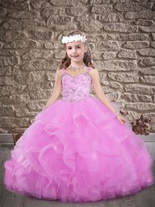 Lilac Tulle Lace Up Little Girl Pageant Gowns Sleeveless Sweep Train Beading and Ruffles