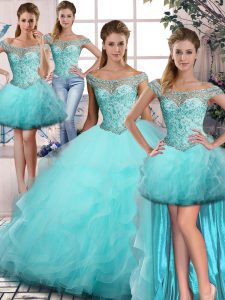Aqua Blue Ball Gowns Tulle Off The Shoulder Sleeveless Beading and Ruffles Floor Length Lace Up Quinceanera Dresses