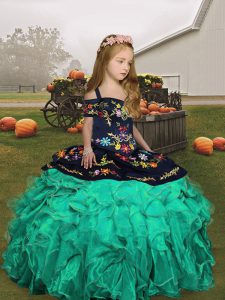 Organza Straps Sleeveless Lace Up Embroidery Pageant Gowns For Girls in Turquoise