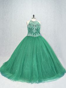 Scoop Sleeveless Brush Train Lace Up Ball Gown Prom Dress Green Tulle