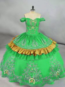 Designer Green Ball Gowns Satin Off The Shoulder Sleeveless Embroidery Floor Length Lace Up 15 Quinceanera Dress