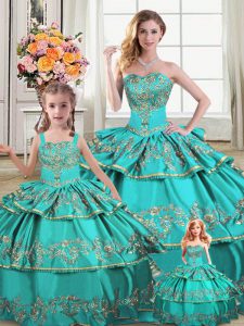 Dazzling Aqua Blue Ball Gowns Embroidery and Ruffled Layers 15 Quinceanera Dress Lace Up Organza Sleeveless Floor Length