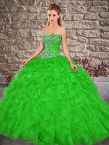 Modest Green Lace Up Sweet 16 Dress Beading and Ruffles Sleeveless Brush Train