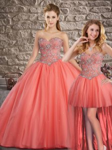 Cheap Lace Up Quinceanera Gown Watermelon Red for Military Ball and Sweet 16 and Quinceanera with Beading Brush Train