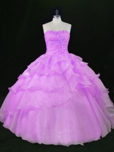 Floor Length Lace Up 15th Birthday Dress Lavender for Sweet 16 and Quinceanera with Beading and Ruffles