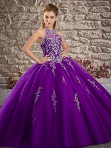 Glorious Lace Up Quinceanera Dress Purple for Military Ball and Sweet 16 and Quinceanera with Beading and Appliques Brus