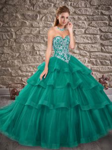 Sophisticated Ball Gowns Sleeveless Turquoise Quinceanera Dresses Brush Train Lace Up