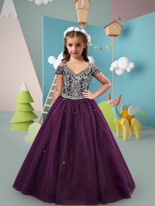 Dark Purple Ball Gowns Off The Shoulder Short Sleeves Tulle Floor Length Lace Up Beading Child Pageant Dress