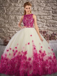 Fuchsia Two Pieces Lace and Appliques Sweet 16 Quinceanera Dress Backless Tulle Sleeveless Floor Length