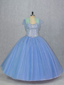 Sumptuous Sweetheart Sleeveless Ball Gown Prom Dress Floor Length Beading Blue Tulle