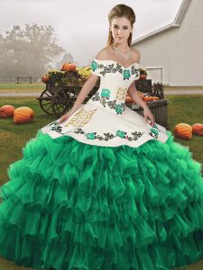 Off The Shoulder Sleeveless Sweet 16 Dresses Floor Length Embroidery and Ruffled Layers Turquoise Organza