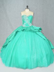 Inexpensive Sleeveless Satin Court Train Lace Up Sweet 16 Dress in Turquoise with Embroidery