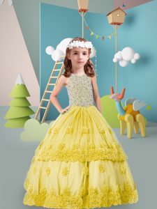 Gold Little Girl Pageant Dress Wedding Party with Beading and Hand Made Flower Scoop Sleeveless Zipper
