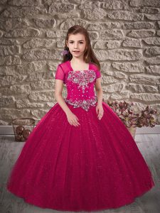 Lovely Sleeveless Tulle Sweep Train Lace Up Girls Pageant Dresses in Fuchsia with Beading