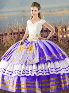 Dramatic Floor Length Lace Up Sweet 16 Dresses White And Purple for Sweet 16 and Quinceanera with Embroidery and Ruffled