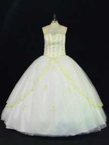 Eye-catching Floor Length Yellow And White Quinceanera Gown Tulle Sleeveless Appliques